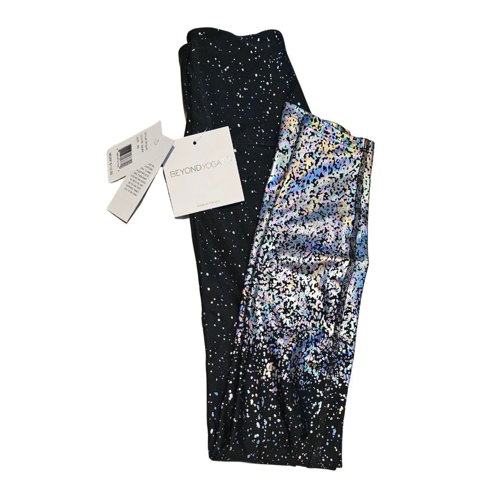 NWT Beyond Yoga Alloy Ombre Midi Leggings Black / Rainbow Iridescent Speckled XS